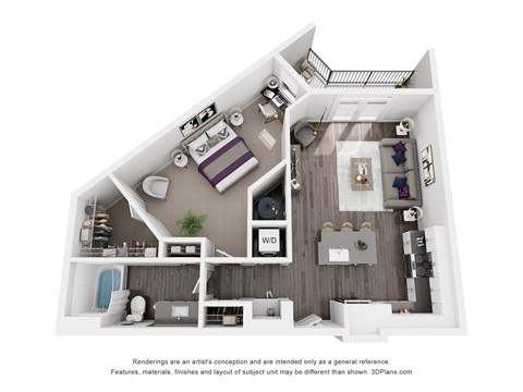 The Perimeter | Glenn Perimeter A 3D floor plan of a house with a kitchen, living room, and bedrooms.